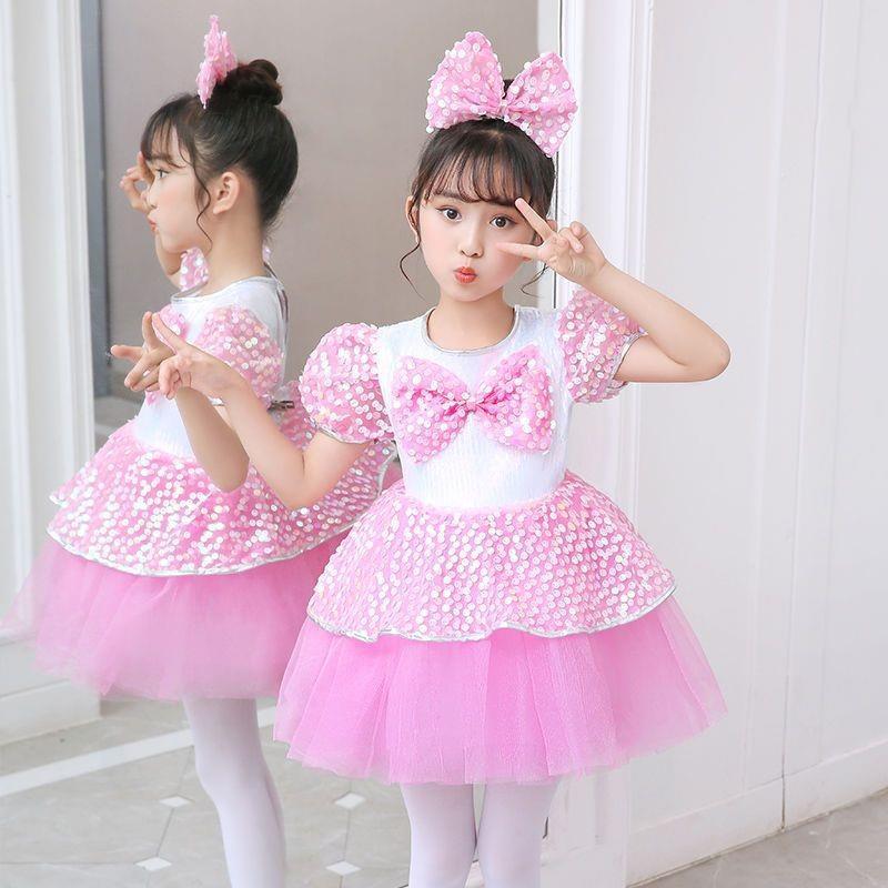 Meninas trajes de dança bonitos arco rosa inchado gaze saia jardim de infância amigos trajes de dança 10.11
