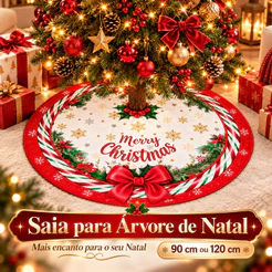 Saia para Árvore de Natal 90cm 120cm Tapete de Pelúcia Vermelho Branco com Laços Merry Christmas Decoração Natalina