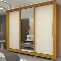 Guarda-Roupa Casal 3 Portas 1 Porta Espelhada com Pés Milão 100% MDF Yescasa Marrom/Marrome/Off White Naturale/Off