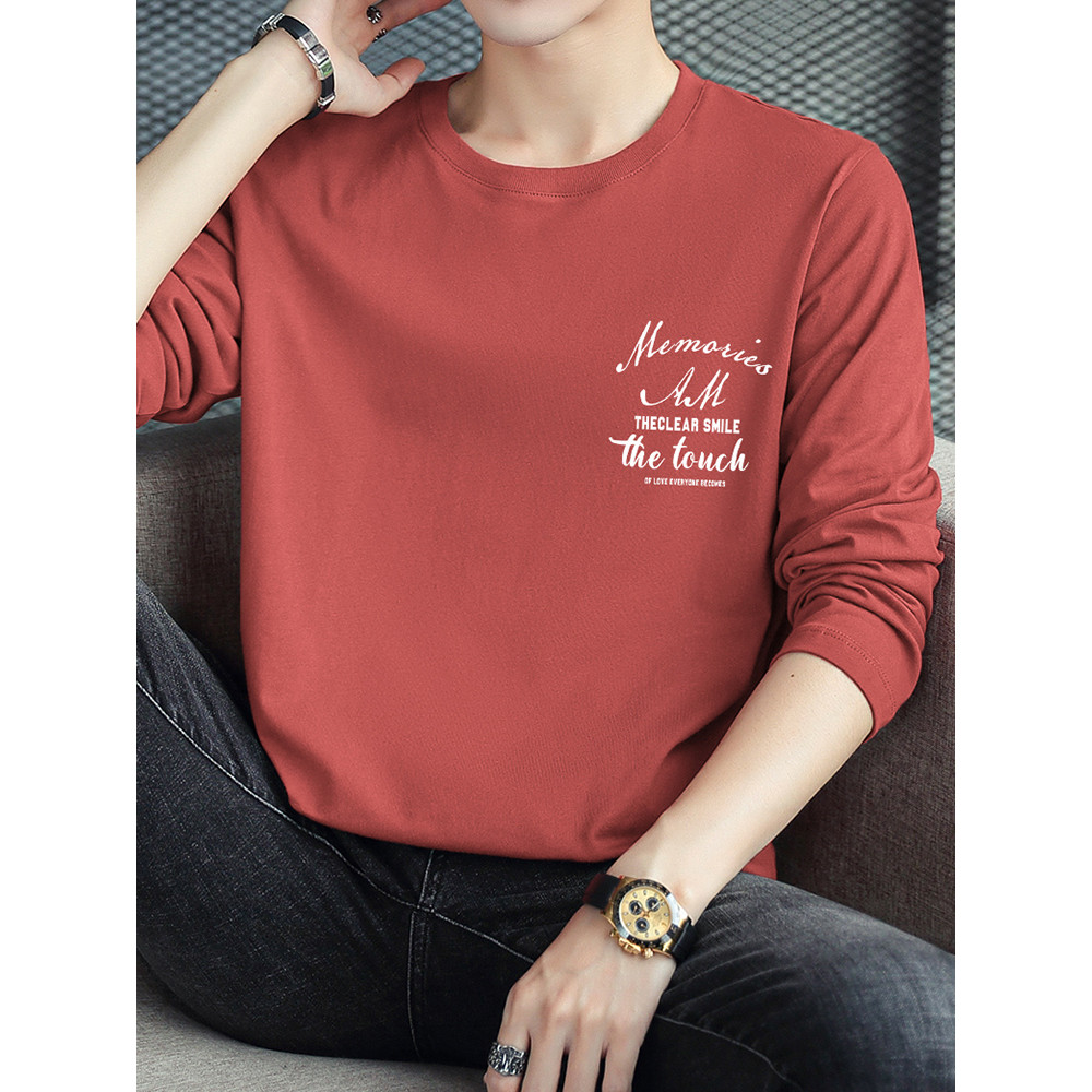 Camiseta de manga comprida de algodão puro roupas masculinas 2026 novo estilo em torno do pescoço carta impressa camiset