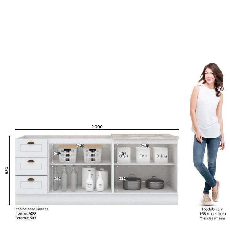 Cozinha Compacta Modulada 100% MDF 2 Balcões e 1 Tampo com Furo para Cooktop Branca/Calcare Emily Branco HP/Calcare · foto 2