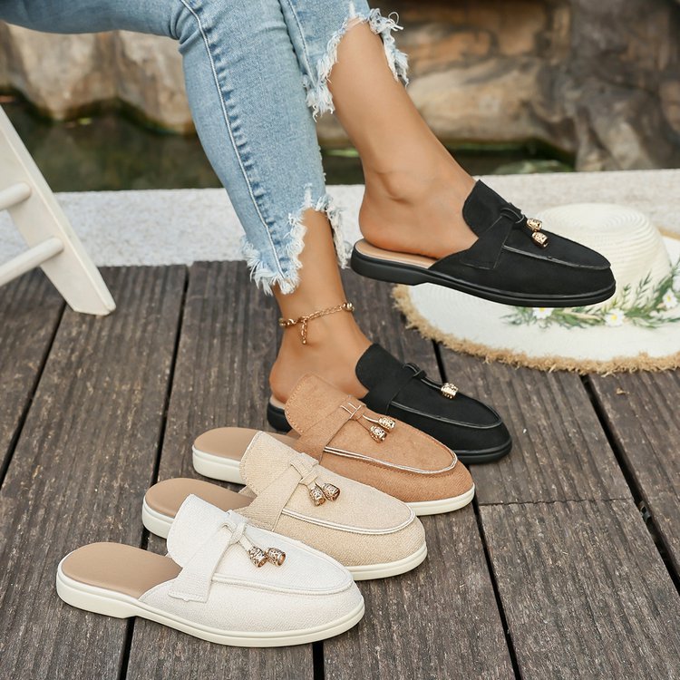 36-43 estoque pronto novo estilo único sapatos femininos sola macia 43 esportes lazer Baotou meia chinelos planos interi