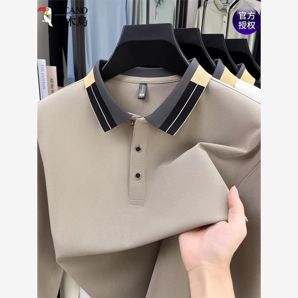 Woodpecker 100% algodão camiseta de manga comprida masculina primavera outono Casual respirável topo de meia-idade pai u
