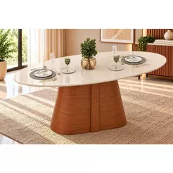 Mesa de Sala Jantar Ryze c/ Tampo Madeirado c/ Vidro Oval 218x108cm Freijo/Off White - DJ Móveis