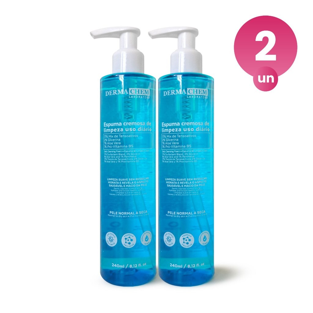 Kit 2 Espuma Cremosa de Limpeza Facial 240ml Hidratação e Maciez da Pele Com Aloe Vera Dermachem em Oferta na Shopee
