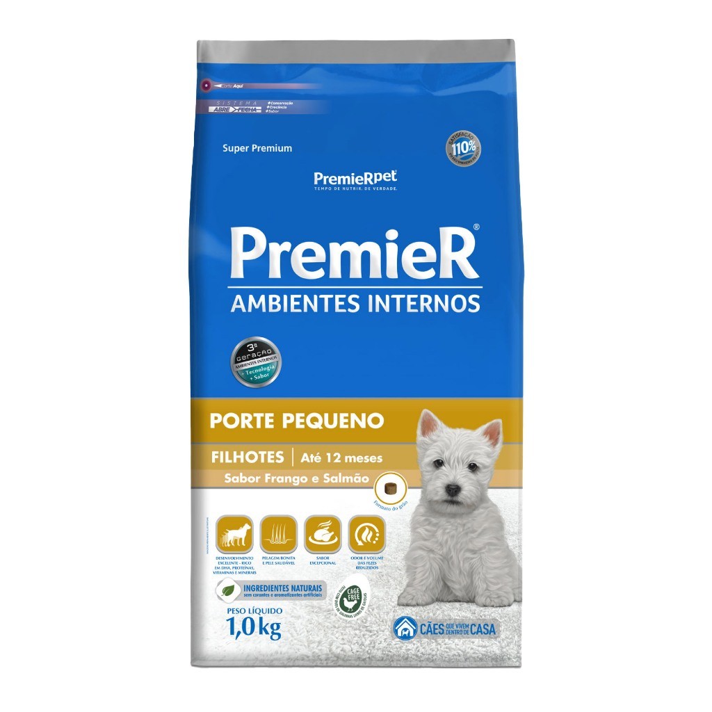 Ração Premier Ambientes Internos Cães Filhotes Porte Pequeno Sabor Frango e Salmão 1kg