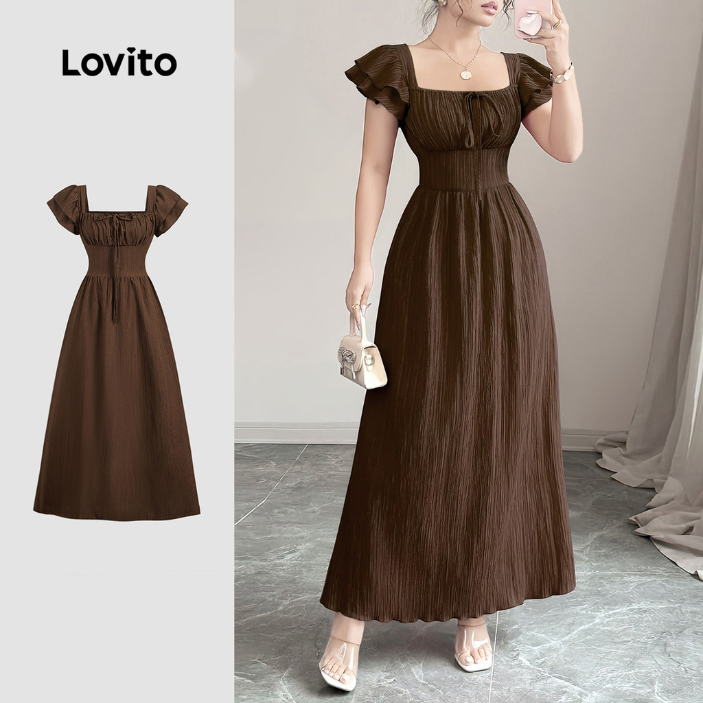 Lovito Vestido Elegante de Renda com Amarração Textura Primavera/verão Vestido Marrom para Mulheres L155AD072 em Oferta na Shopee