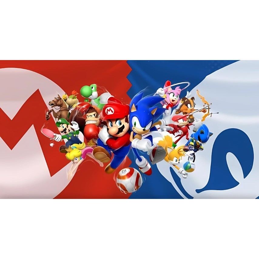 Top Painel mario vs sonic retangular de lona para decoração de festa de aniversário infantil. Várias medidas.
