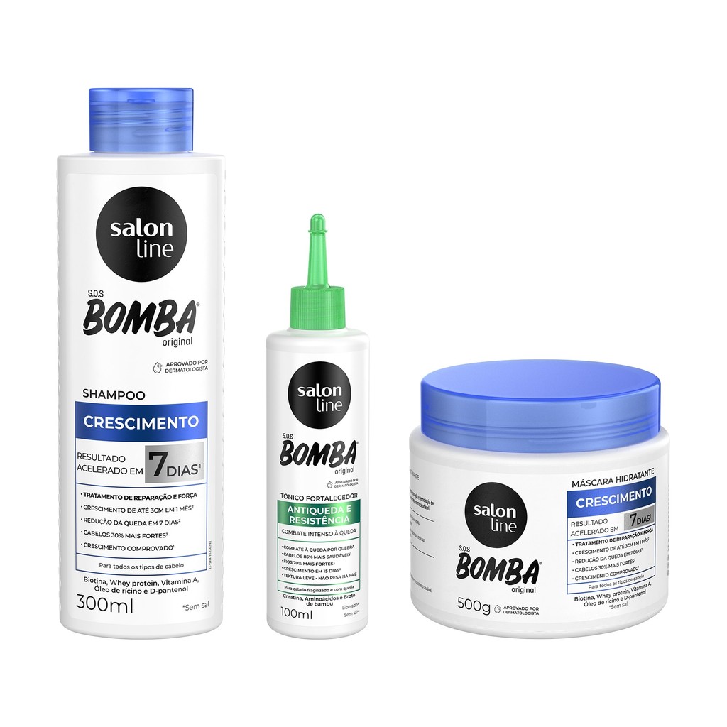 Kit com Tônico Fortalecedor Antiqueda + Condicionador + Máscara de Hidratação SOS Bomba Salon Line em Oferta na Shopee