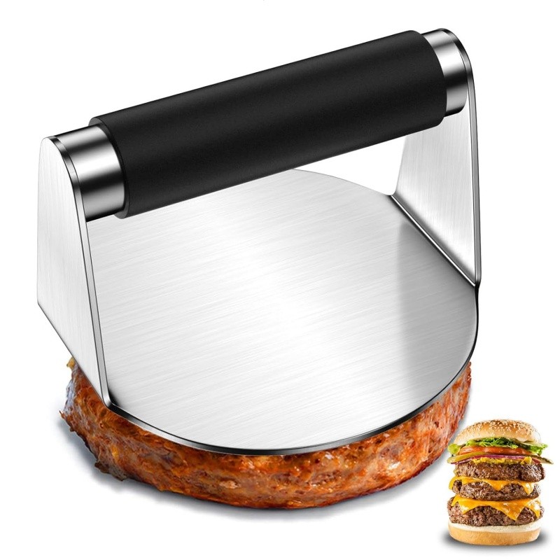 Prensa De Carne De Aço Inoxidável Redonda De 16Cm Com Cabo De Silicone Anti-Escaldante Para Hambúrguer em Oferta na Shopee
