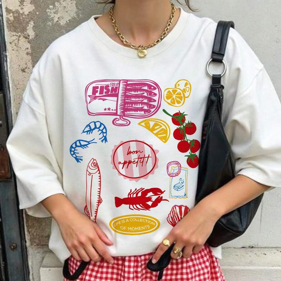 Camiseta Modelo Unissex Férias Estampa de Peixe Cartoon Manga Curta Solta 100% Algodão Fio 30.1 em Oferta na Shopee