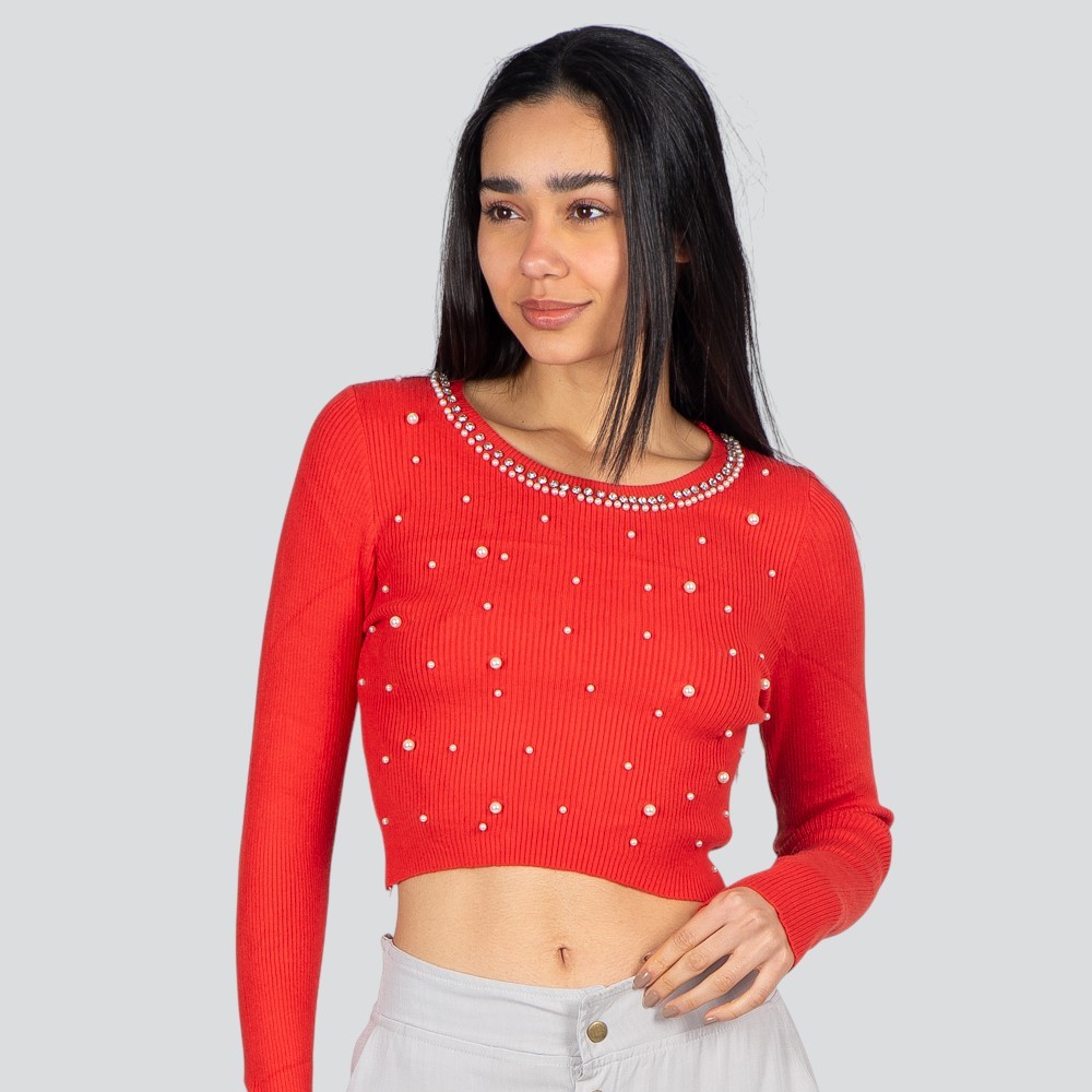 Blusa Feminina Manga Longa Tricô Modal Com Aplicação De Perolas Coral .ZY22-2