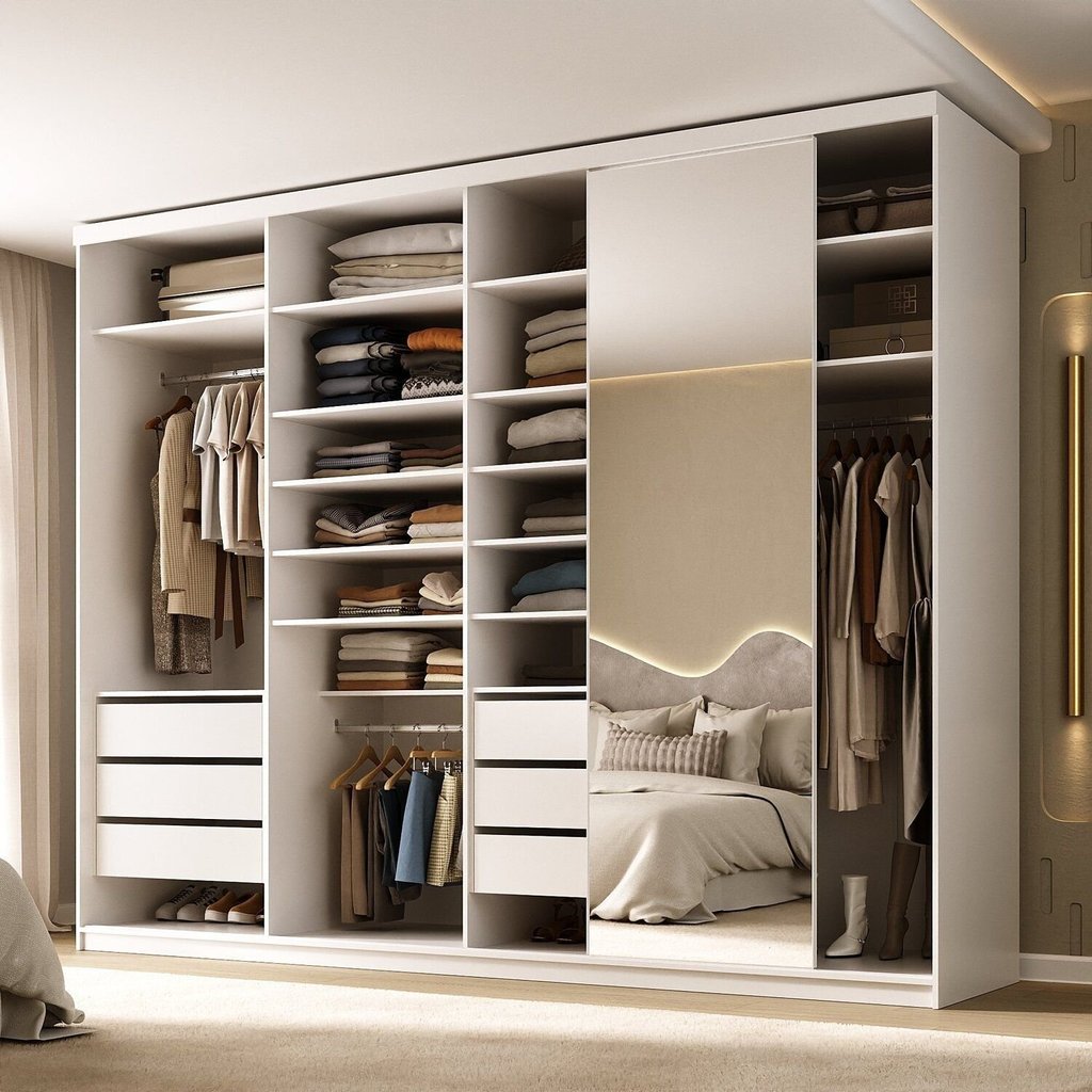 Guarda-roupa Closet Casal 100% Mdf Bp 277,7cm com 1 Porta Espelho 6 Gavetas Sion Branco em Oferta na Shopee