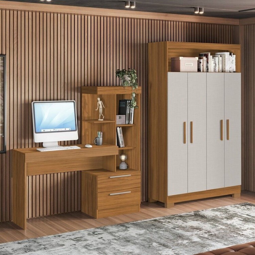 Kit 2 Peças com Mesa Escrivaninha e Armário 4 Portas com Nicho Freijó/Off White em Oferta na Shopee