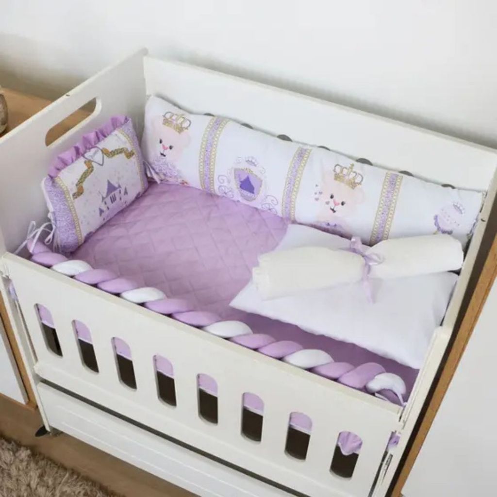 Kit Mini Berço 10 Peças Luxo Castelo Lilás Menina  Protetor De Mini Berço  Enxoval Completo