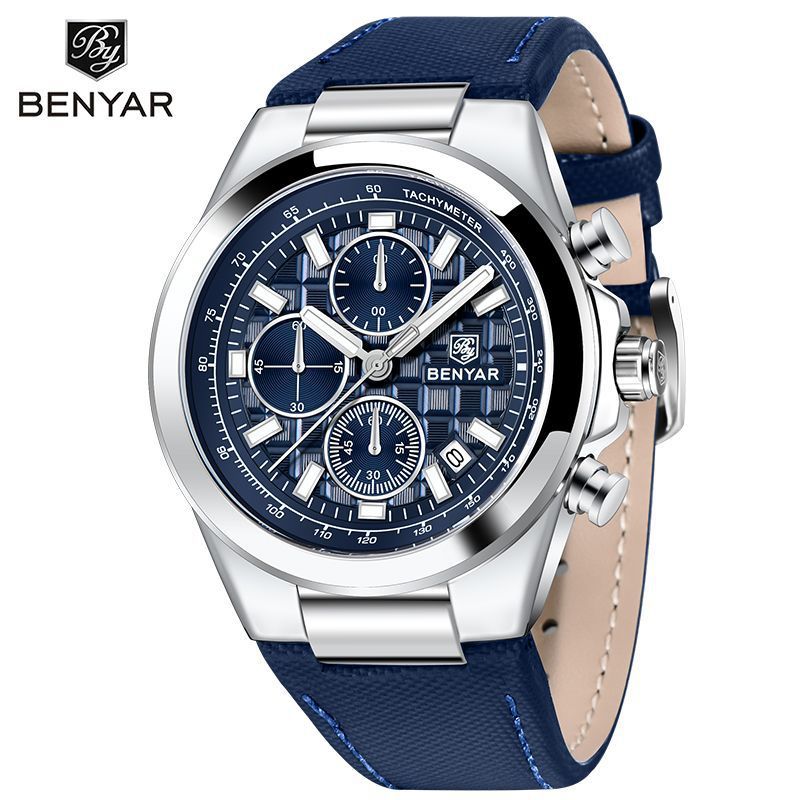 BENYAR BENYAR Novo luminoso multifuncional cronógrafo pulseira de couro masculino relógio de pulso de quartzo BY-5206