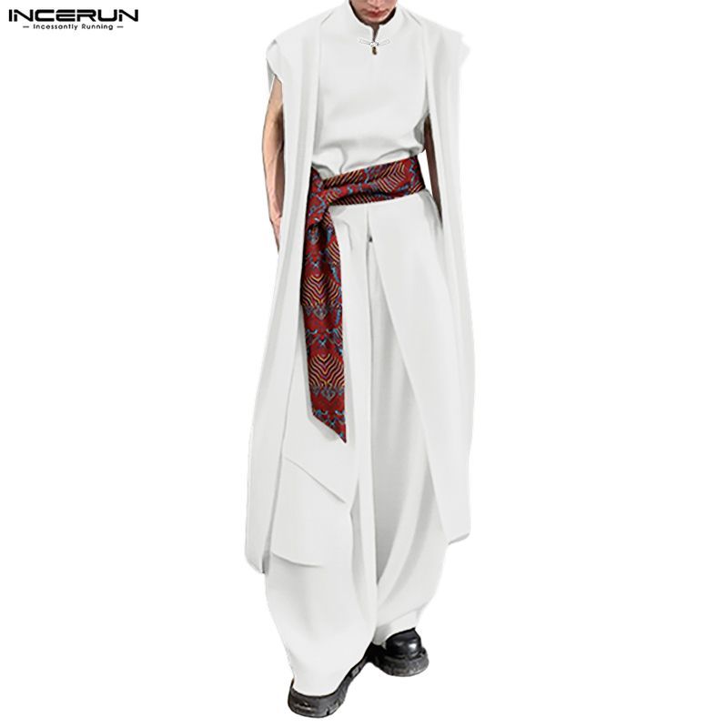 INCERUN Masculino Coreano Novo Estilo Chinês Gola Sem Mangas Deconstruindo Camisas De Fita Impressa