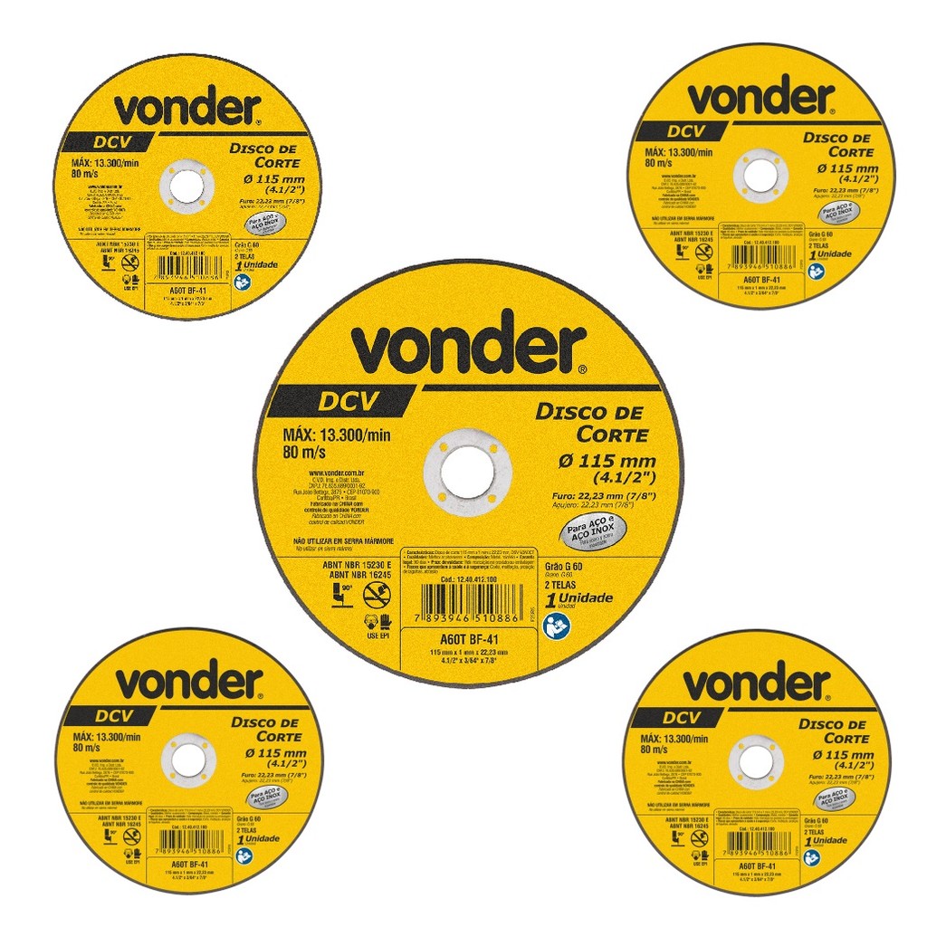 5 Disco De Corte 115mm X 1,0mm X 22,23mm DCV Vonder em Oferta na Shopee