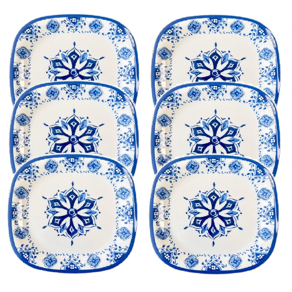 Kit 6 Pratos Quadrados Melamina 21cm Decorado Branco