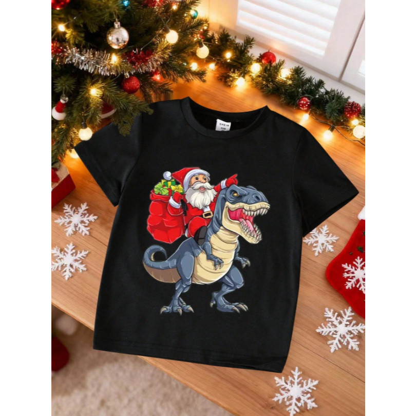 Blusa Infantil Natalina – Estampa Papai Noel com Dinossauro, Sonho e Diversão de Natal
