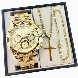 Kit Relógio Masculino Luxo + Corrente Banhada a Ouro 18k + Pulseira e Pingente | Pronto para Presentear!