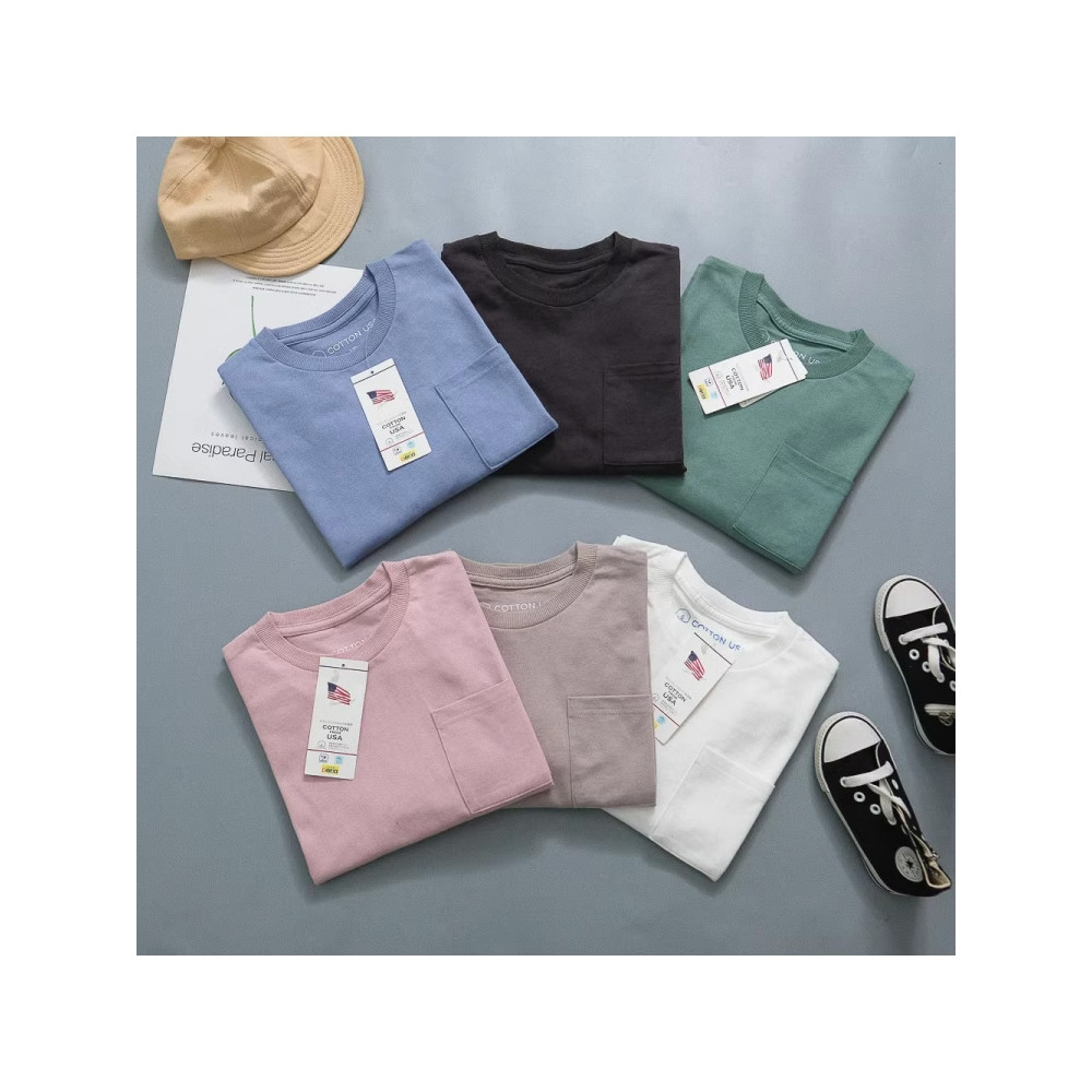 Comércio exterior japonês único camiseta médio grande crianças de manga comprida em torno do pescoço puro algodão bolso 