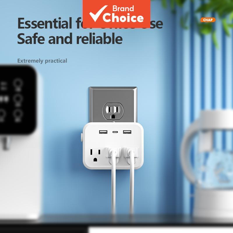 Protetor de Surtos Multifuncional AXUS 6 em 1, Régua de Energia com 3 Tomadas, 2 Portas USB e 1 Porta Tipo C,