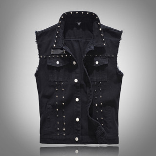 Colete Masculino Preto Oversized com Rebites, Estilo Rock PU, Versão Coreana, Colete Slim para Motociclistas 9S3F