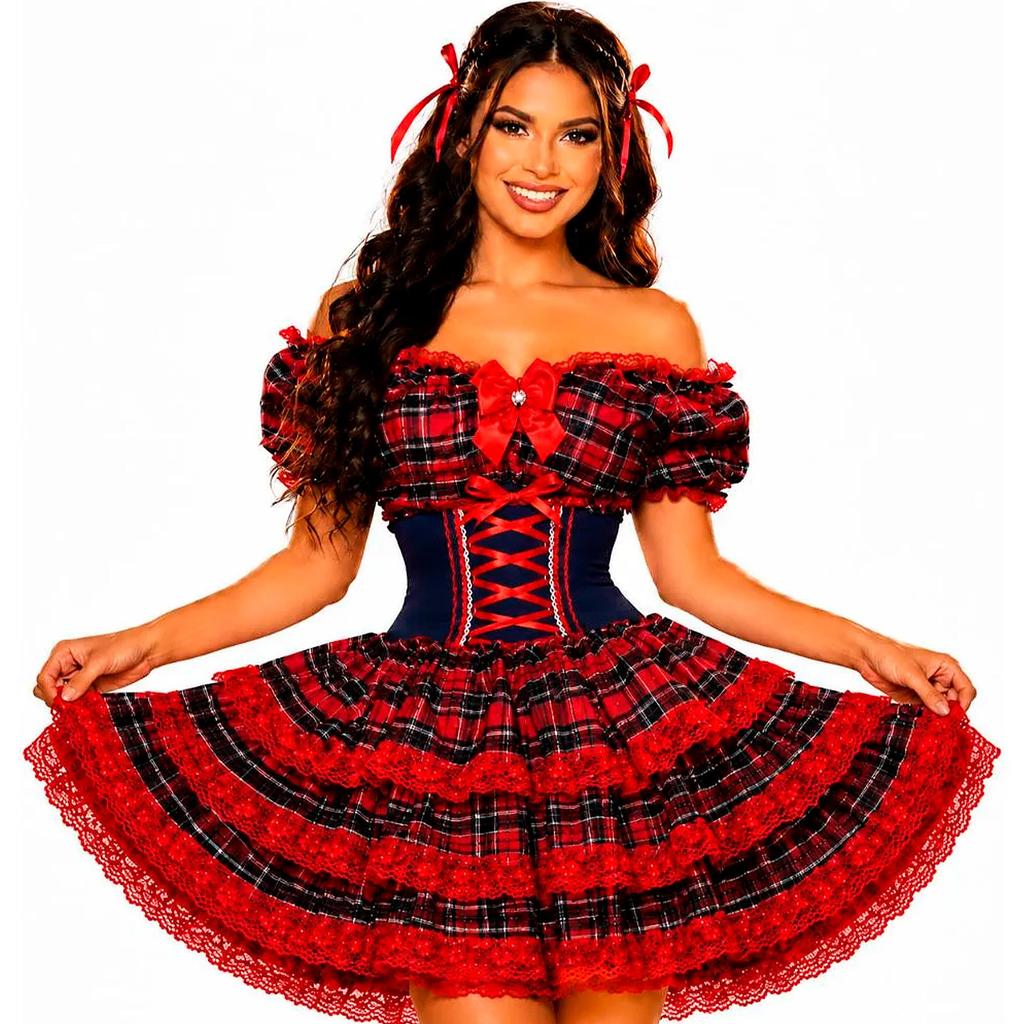 Vestido Feminino de Festa Junina Luxo Xadrez Super Rodado Acinturado Com Espartilho Tamanhos do 32 a 50