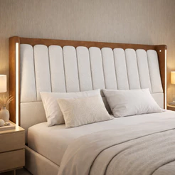 Cabeceira Cama Box Queen Estofada com LED 160cm Moan P05 Couríssimo Whisky Bouclê Cru - Lyam Decor
