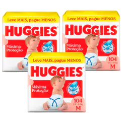 Kit 3 Fralda Huggies Máxima Proteção Tamanho M 104 Unidades Descartáveis Leve Mais Por Menos