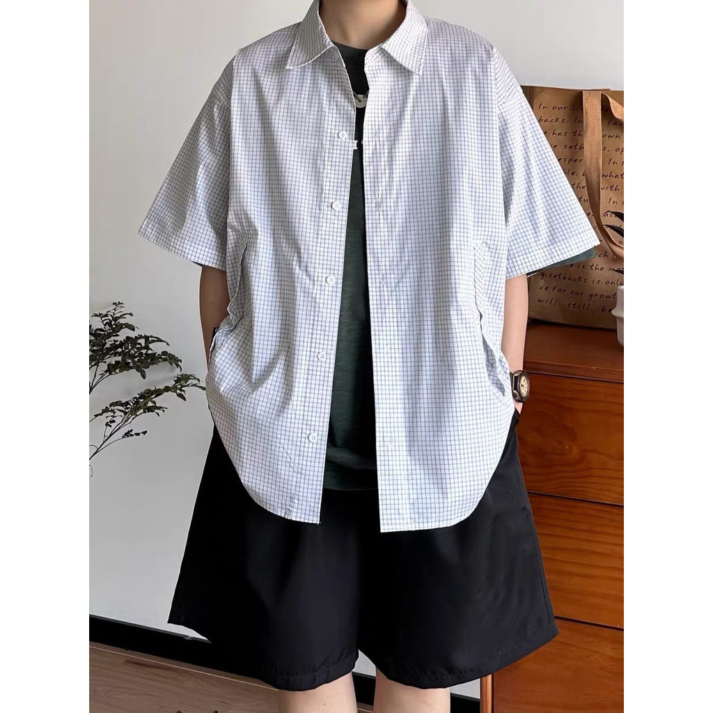 Japonês masculino Retro xadrez camisa de manga curta estilo fino masculino feminino verão solto Casual adolescente camis