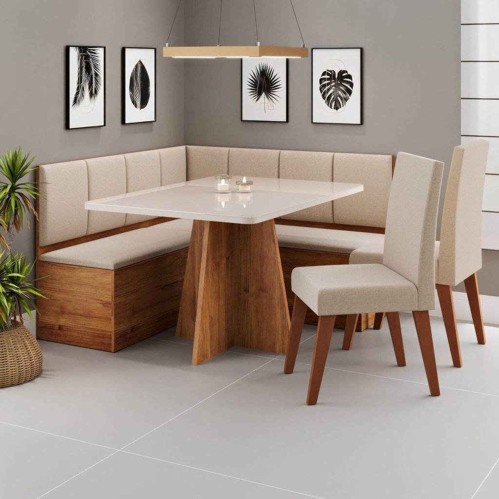 Conjunto Canto Alemão com Baú Mesa 120x77,8cm Tampo com Vidro e 2 Cadeiras Milão Bronze/Mel/Off Whit Bronze/Mel/Off