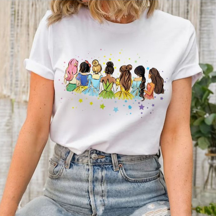 Camiseta Feminina Estilosa Princesas delicada Fofa Blusa Casual Confortável Minimalista Algodão