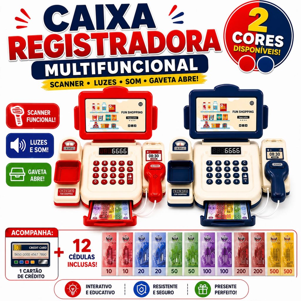 Caixa Registradora Infantil Mercadinho Scanner Funcional Luzes Som Gaveta Abre Cartão 12 Cédulas 2 Cores Brinquedo
