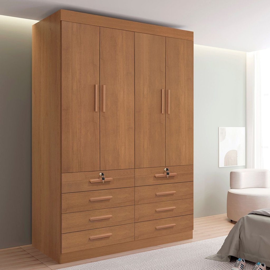 Guarda Roupa Solteiro MDF 4 Portas 8 Gavetas Marselha Plus Marrom/Cinamomo Cinamomo