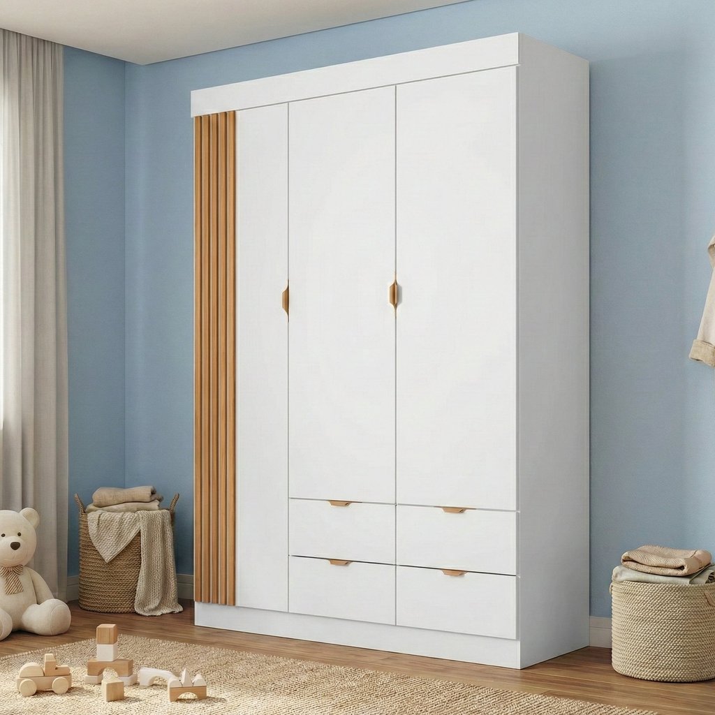 Guarda-Roupa Infantil 100% MDF 3 Portas e 4 Gavetas Ayla Branco Branco