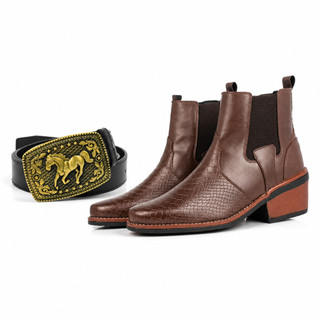 Bota Country Masculina com Elástico Lateral e Bico Quadrado | Estilo Rodeio |Bota Masculina Texana Premium Escamada