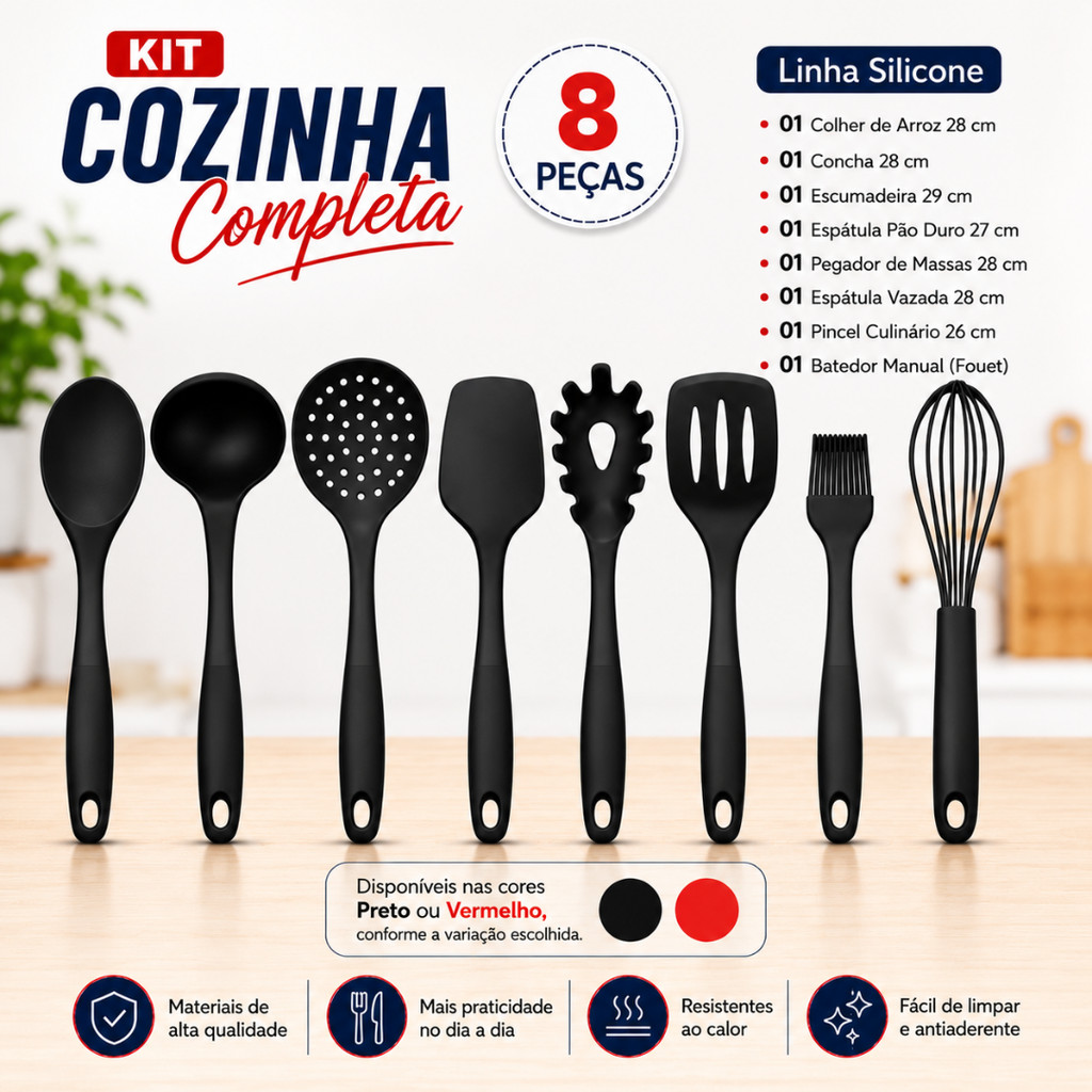 Jogo Cozinha Completa Utensílios de Silicone Cozinha 8 Utensílios Silicone Faqueiro