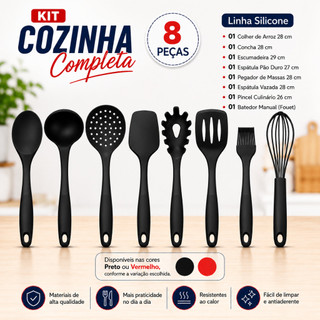 Jogo Cozinha Completa Utensílios de Silicone Cozinha 8 Utensílios Silicone Faqueiro