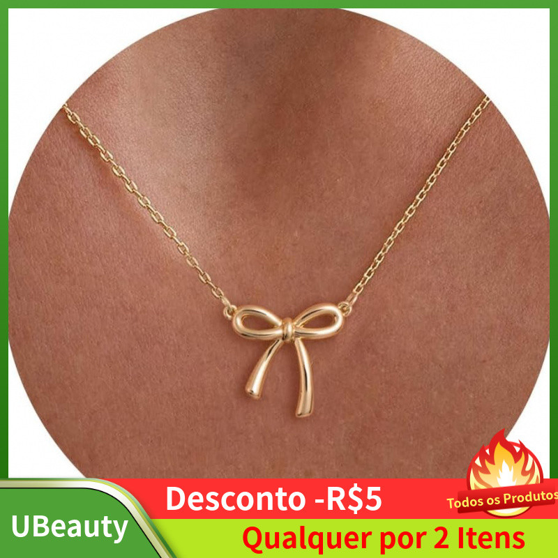 Colar de Ouro para Mulheres - Colar com Laço Banhado a Ouro 14K, Colar Delicado com Zircônia Cúbica, Colar com Laço Pequ