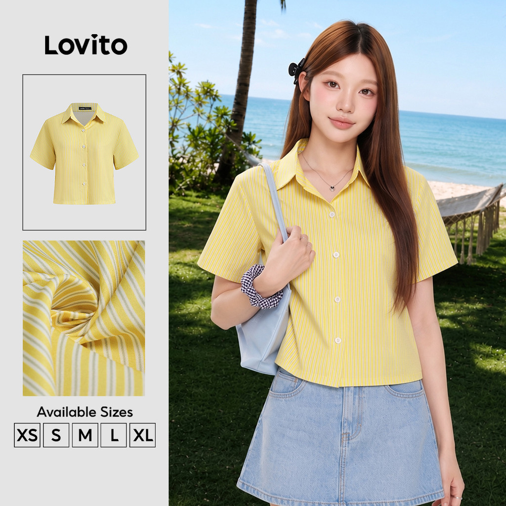 Lovito Férias Blusa Feminina Amarela Listrada Com Decote Redondo E Amarração Nas Costas Para Primavera/verão L139AD390