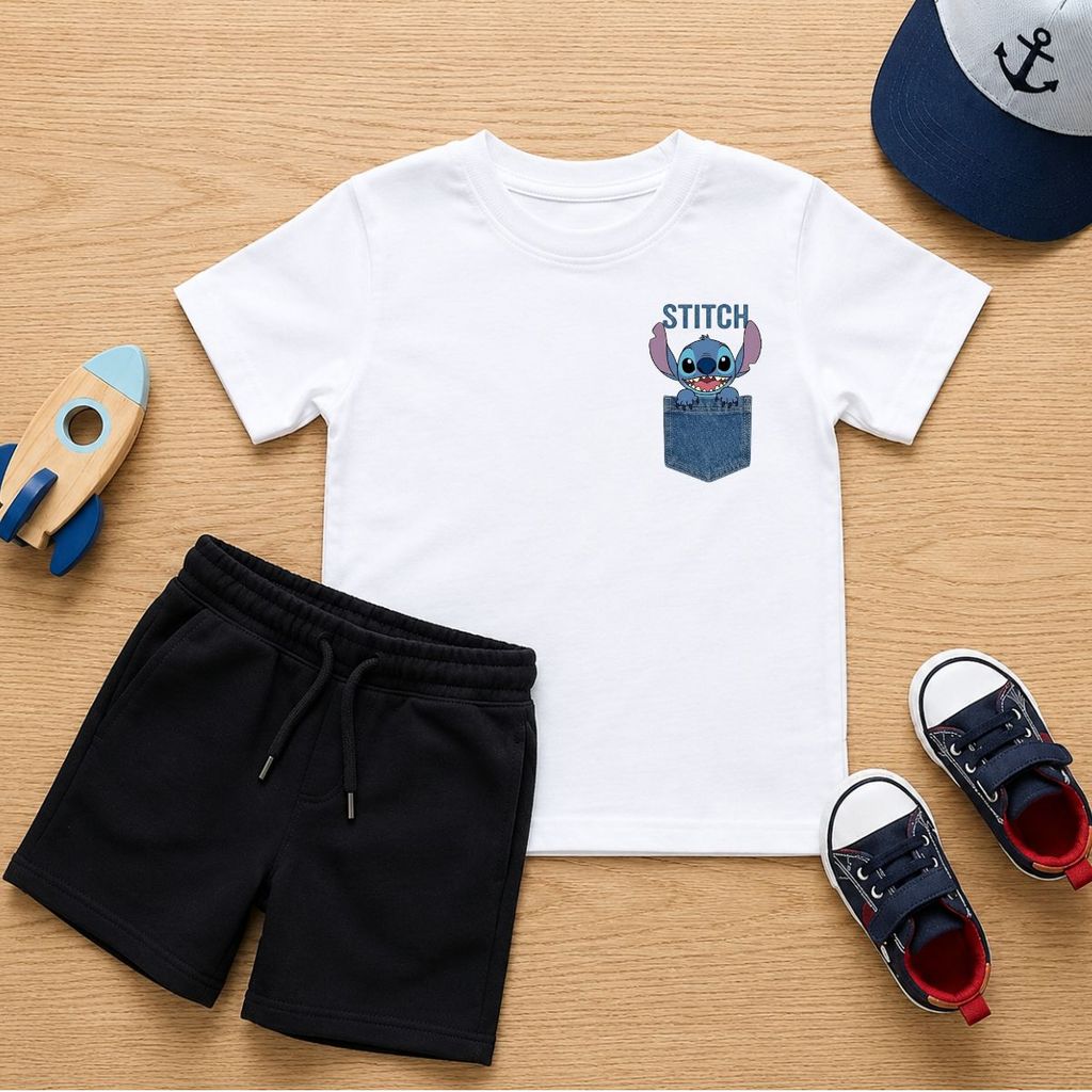 Conjunto Stitch Infantil Masculino Camiseta Estampada Bermuda Moletinho Roupa Menino Verão Confortável Casual Infantil