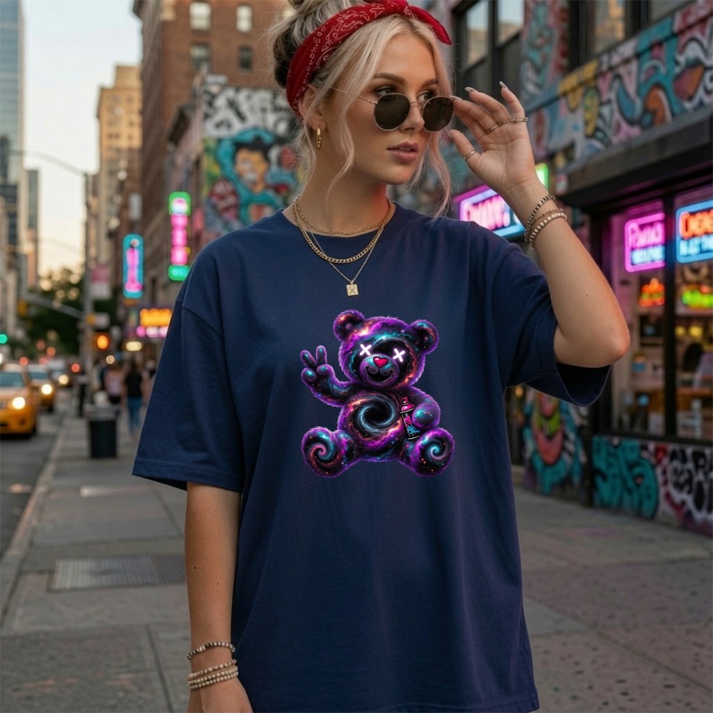 Camiseta Feminina Urso Galáxia Estampada Algodão Streetwear Casual Confortável Blusa