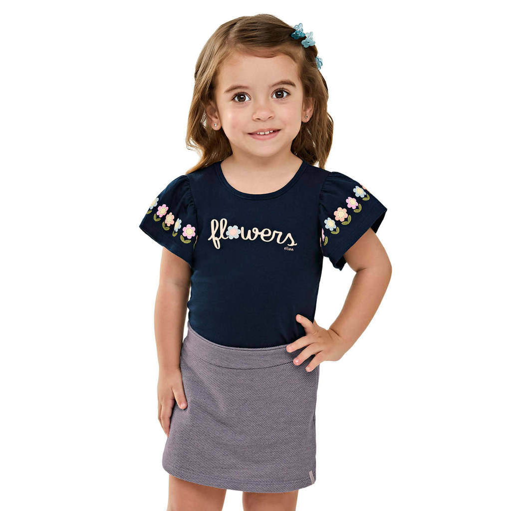 Conjunto Infantil Menina Blusa Flores e Short Saia Elian Azul