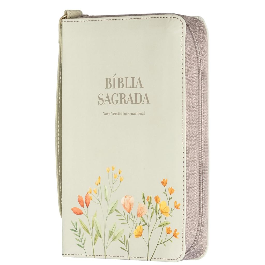 Bíblia Sagrada Pocket | NVI | Leitura Perfeita | Zíper | Com Alça | Capa Luxo Branca Florida
