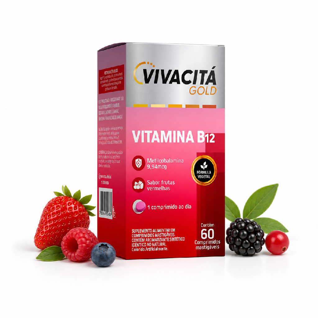 Vitamina B12 Vivacitá Gold Sabor Frutas Vermelhas 60 Comprimidos Mastigáveis