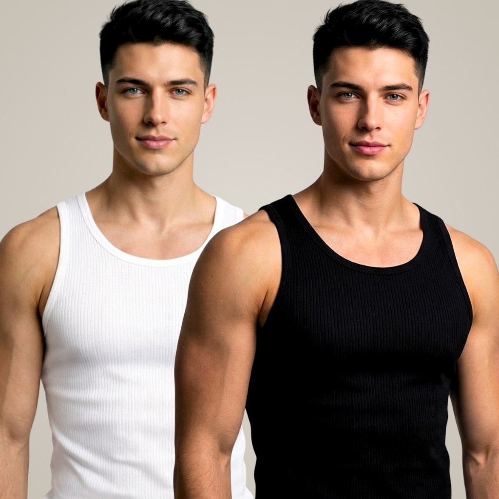 Kit Com 2 Regatas Caneladas Camisetas Lisa Estilo Americana Academia Masculina Treino Musculação