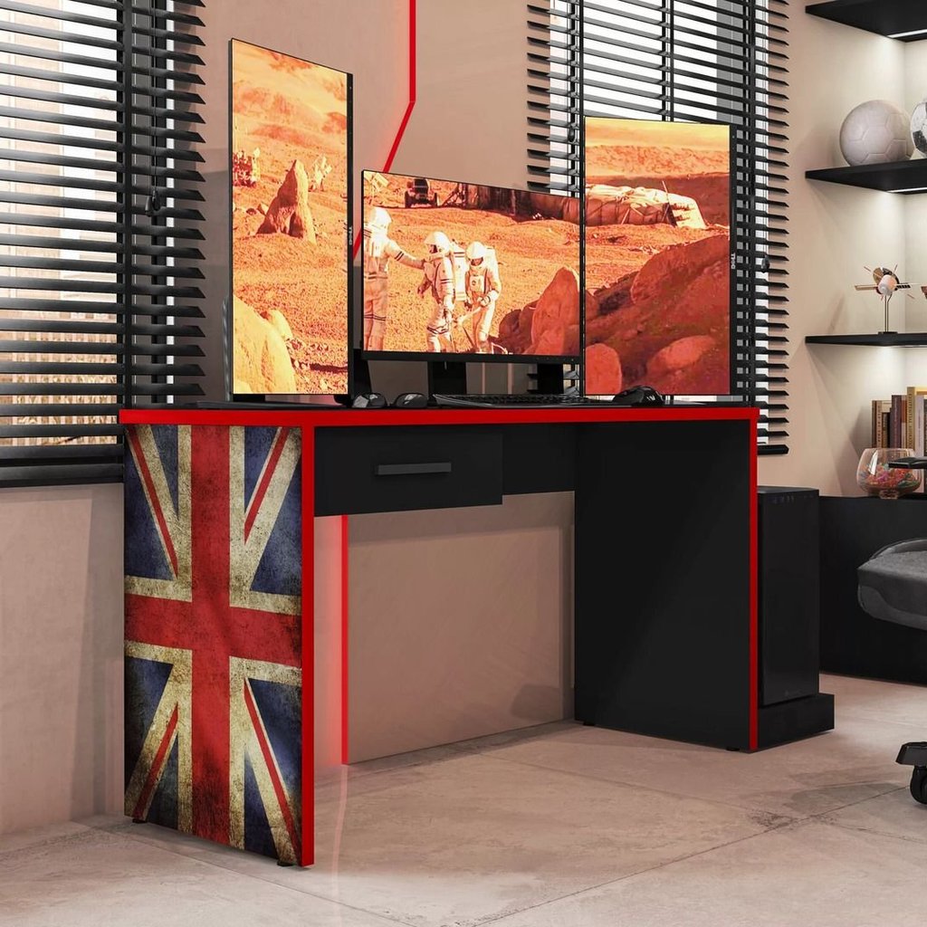 Mesa Gamer Escrivaninha Drx 9000 152,5cm Móveis Leão Preto Tx e Vermelho Tx Preto TX/Vermelho TX