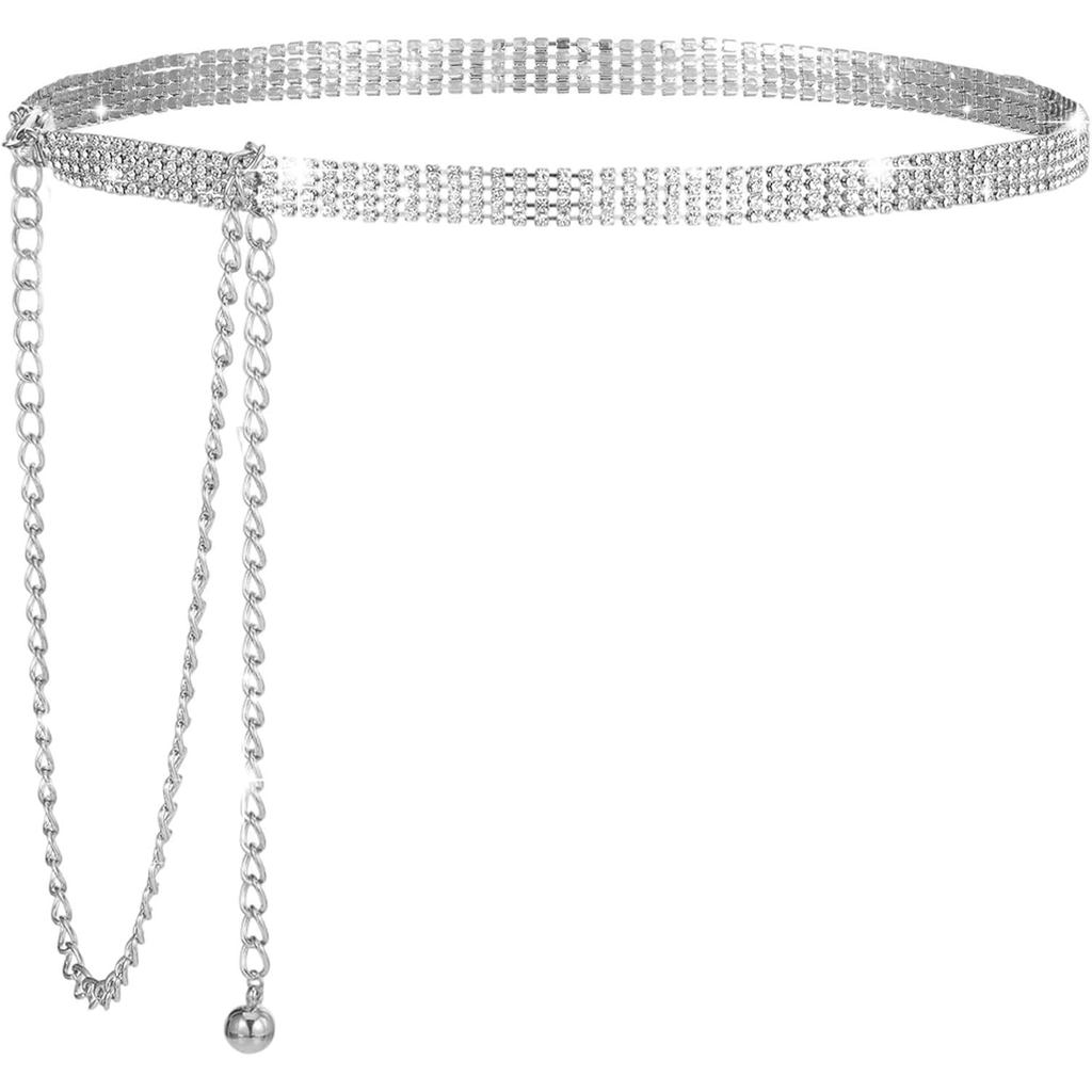 Cintos de Strass, Cintos Finos Prateados Brilhantes para Vestidos Femininos, Cinto Prateado Ajustável com Brilho de Diam